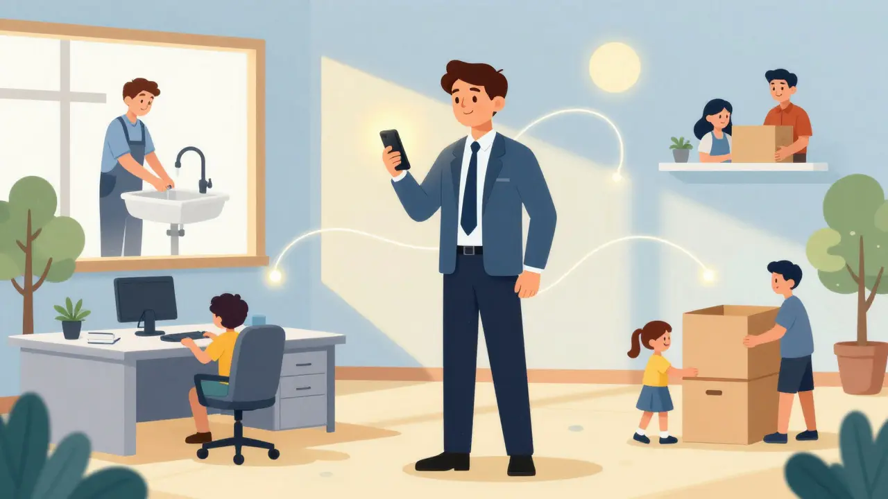 Manager using smartphone to connect seamlessly with happy tenants and vendors