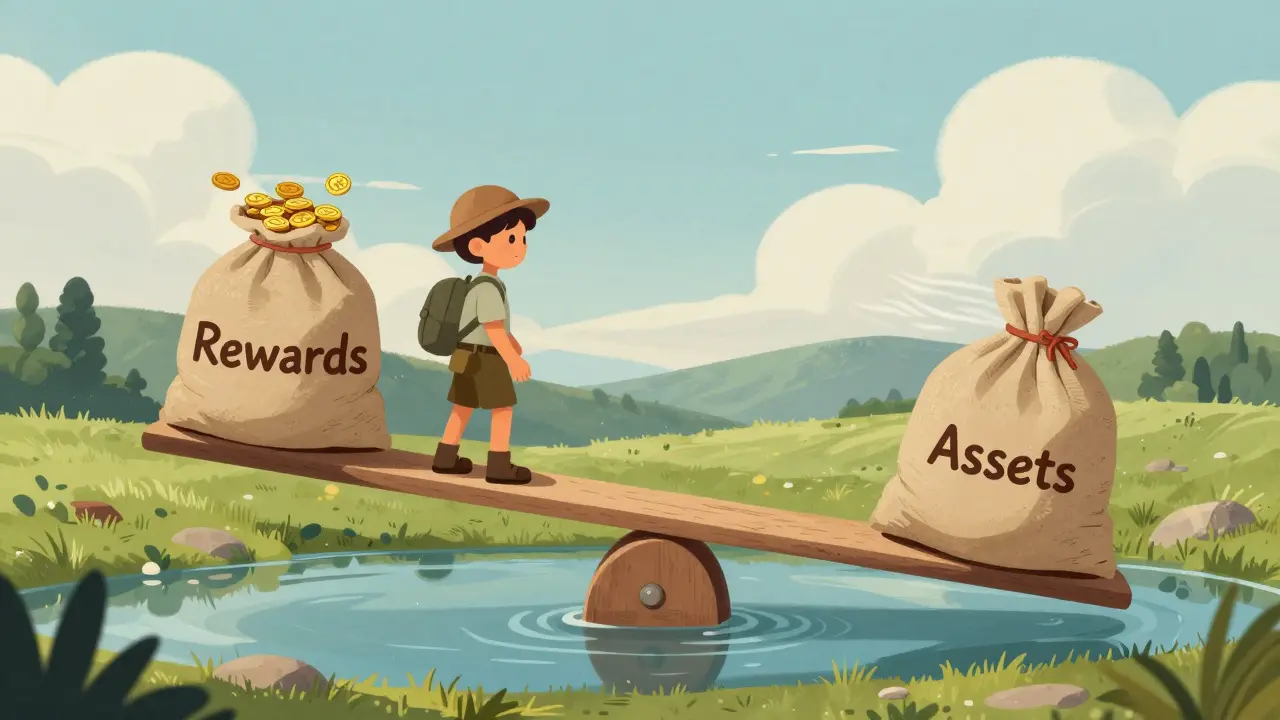 Metaphorical illustration of a seesaw balancing rewards and asset risks, depicting impermanent loss in DeFi.