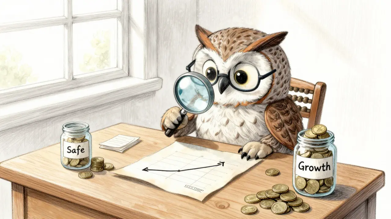 Owl analyzing trading charts and sorting coins into jars