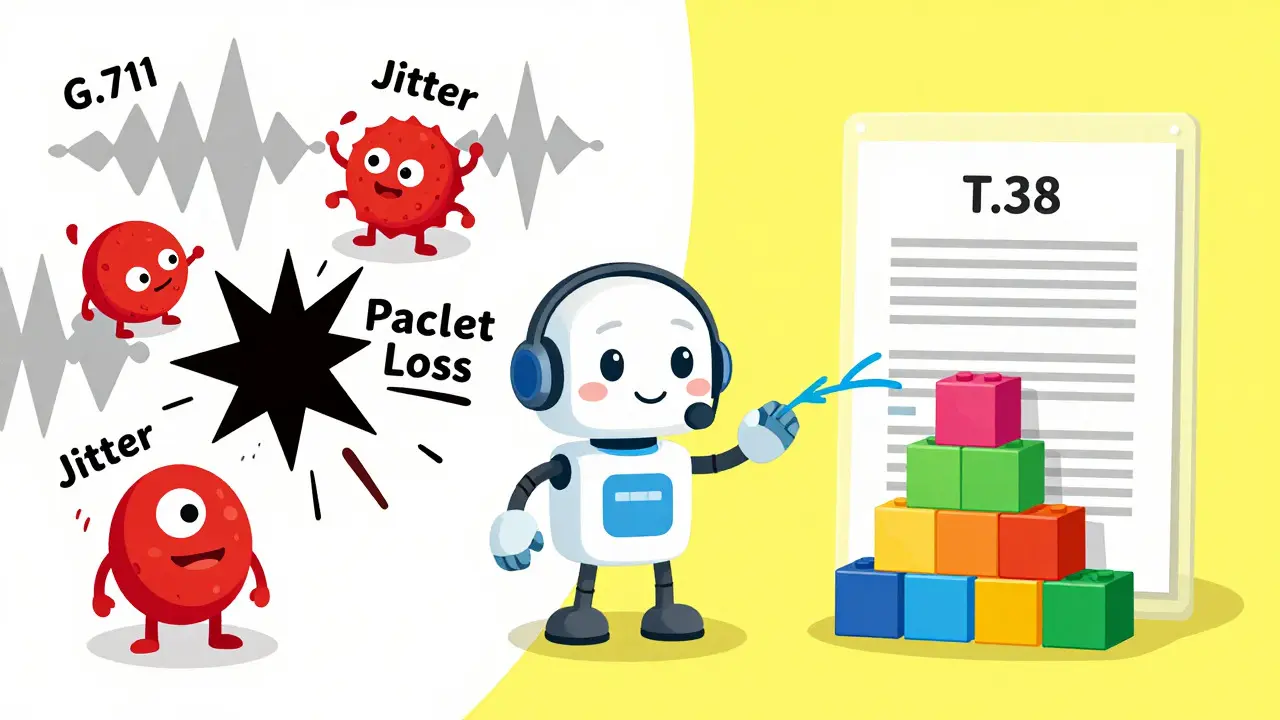 Robot translator converting chaotic audio waves into neat data blocks for fax