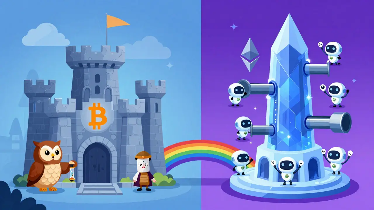 Split illustration comparing Bitcoin's steady castle and Ethereum's fast tower.