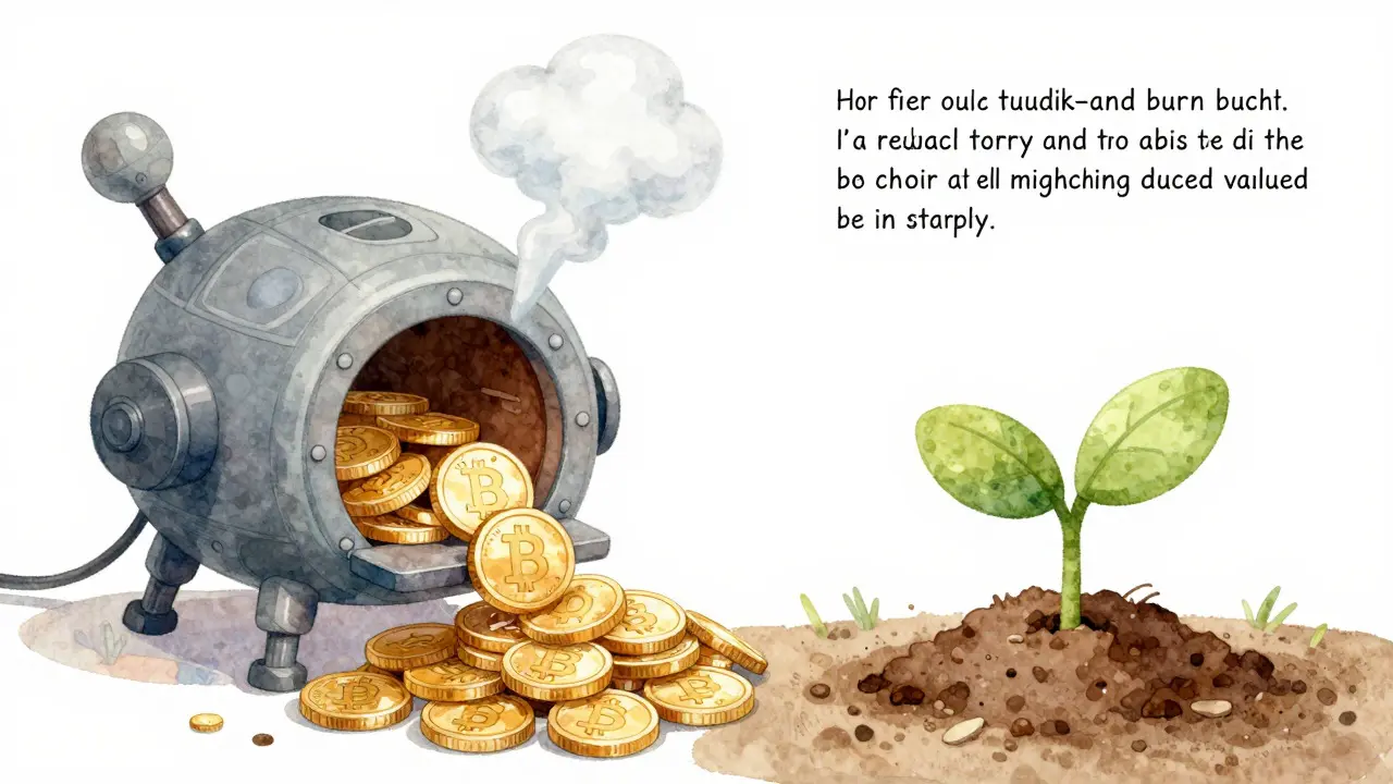 Whimsical drawing of coins being burned to help a value plant grow