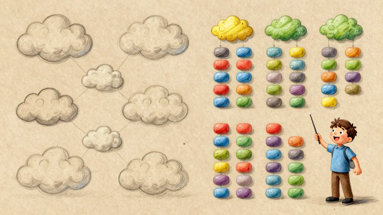 Whimsical drawing of messy ideas being organized into neat structures by a cartoon guide.