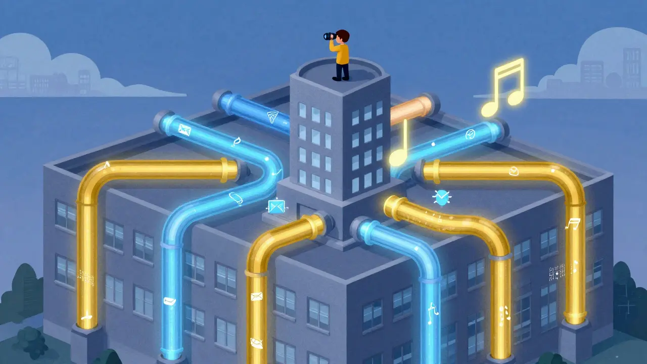 Whimsical illustration of enterprise network with prioritized data tubes