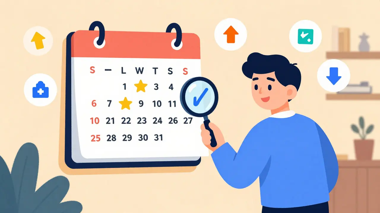 A cartoon investor using a magnifying glass to check a calendar of upcoming token events.