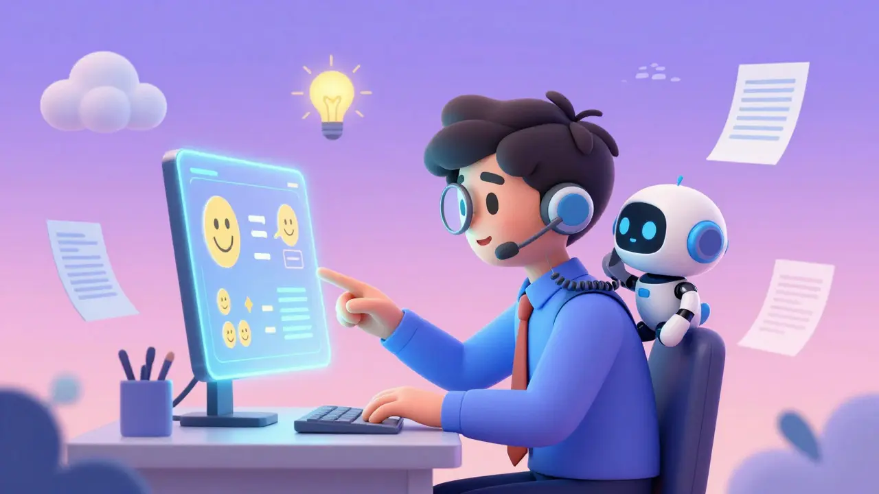 A cute robot assistant helping an agent analyze call sentiment with holograms