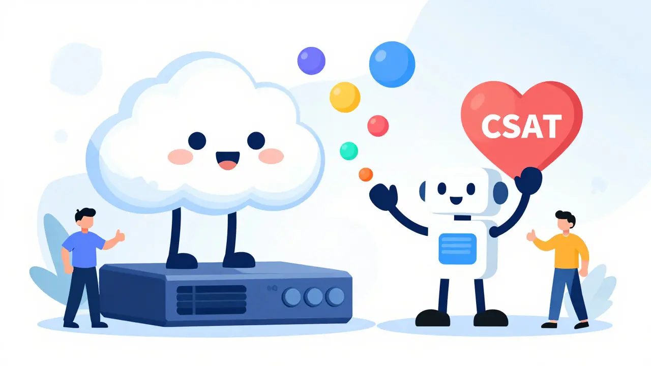 A friendly cloud and robot illustrating how call data becomes a satisfaction score