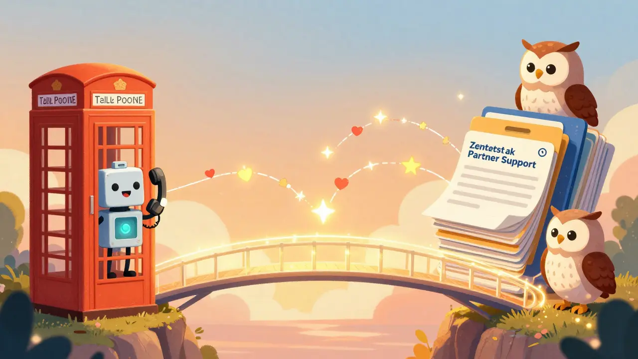 A friendly robot and owl connected by a golden data bridge symbolizing integration