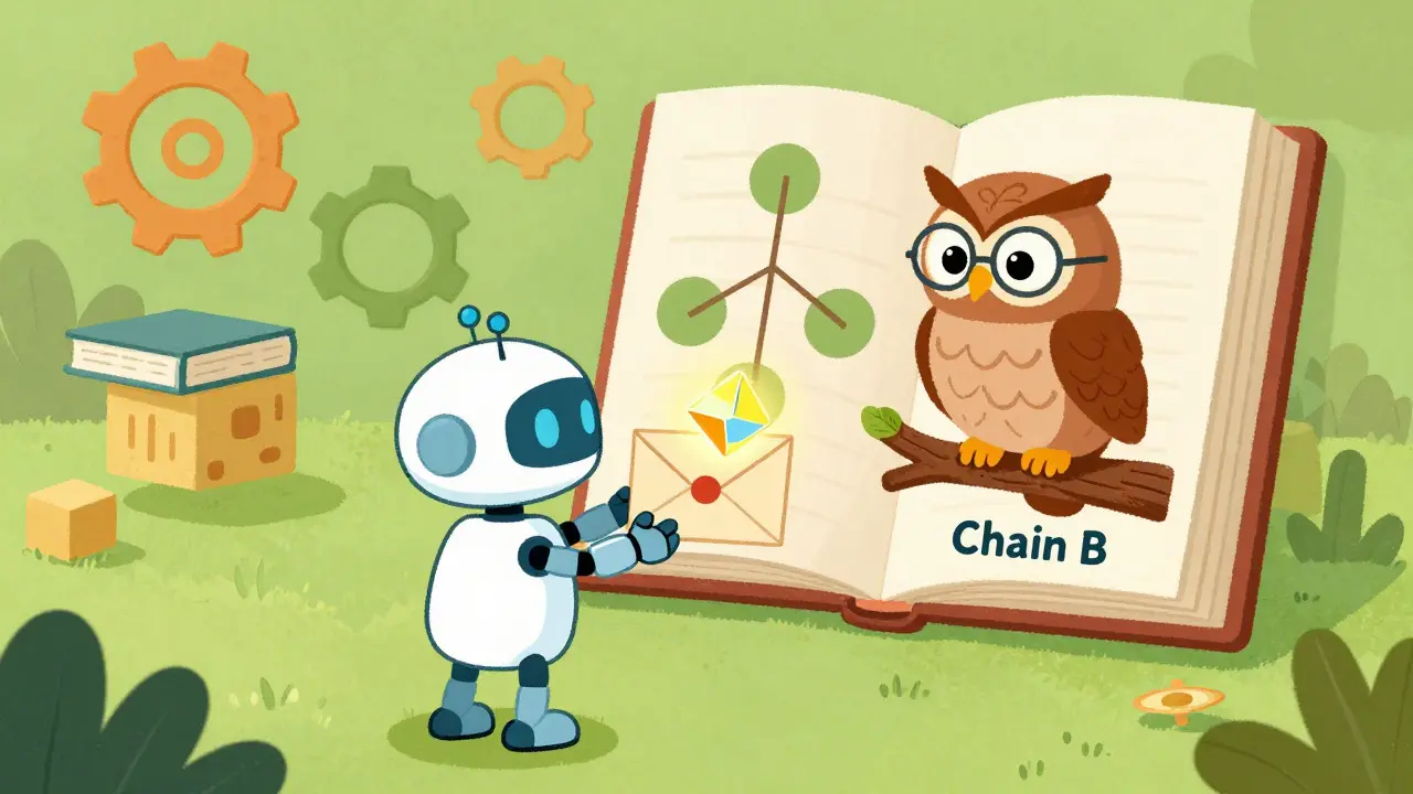 A robot courier hands a cryptographic proof to a wise owl verifying it in a block library.
