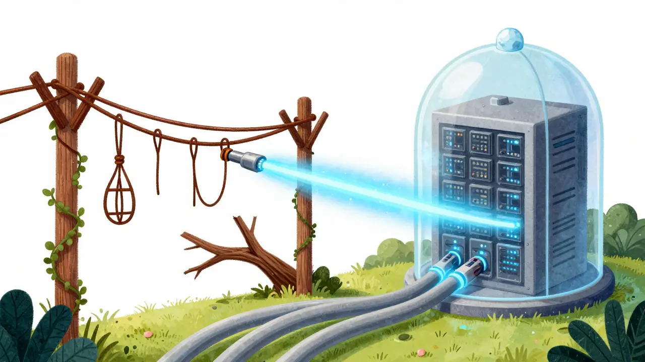 Cartoon comparison of fragile copper wires versus resilient fiber optics