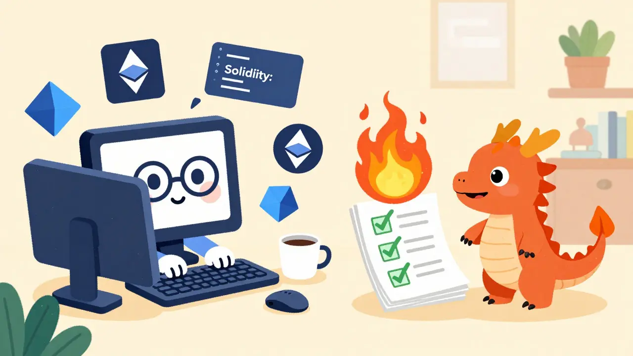 Cartoon of coding tools and testing processes for smart contracts