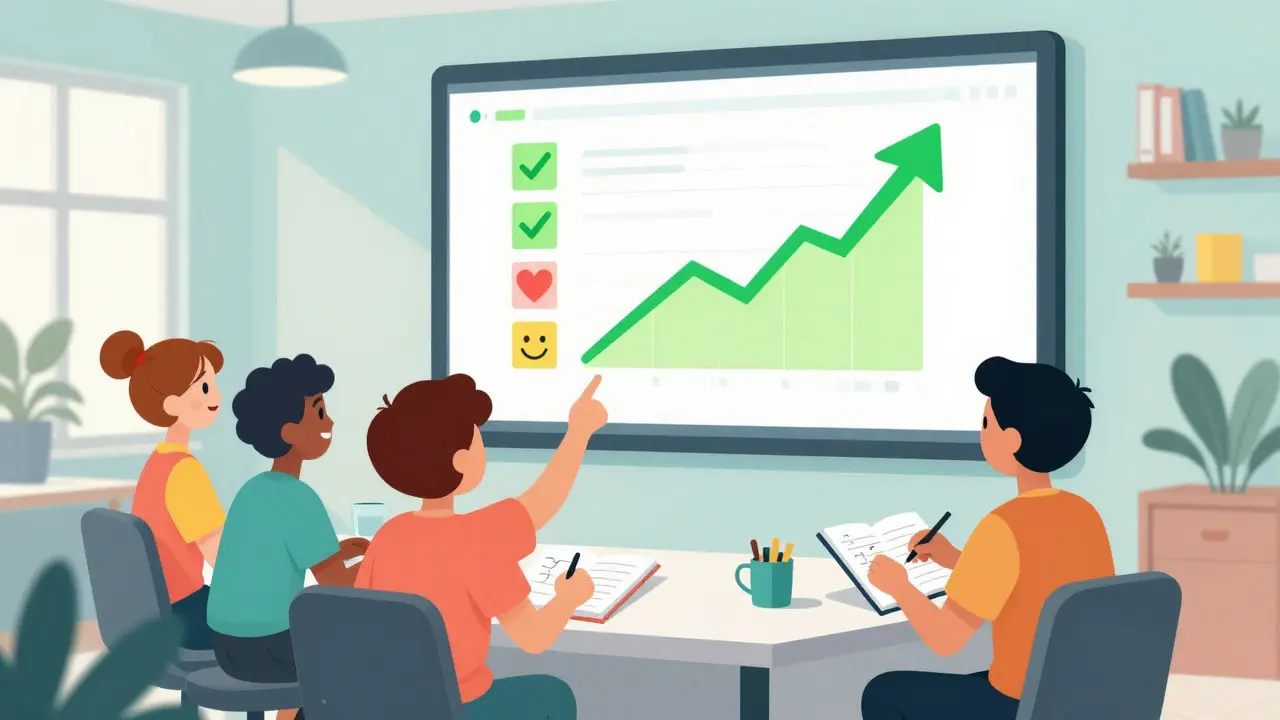 Cartoon support agents celebrating improved performance metrics in an office