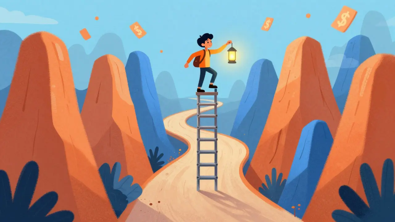 Character using an automatic ladder to navigate a jagged mountain path
