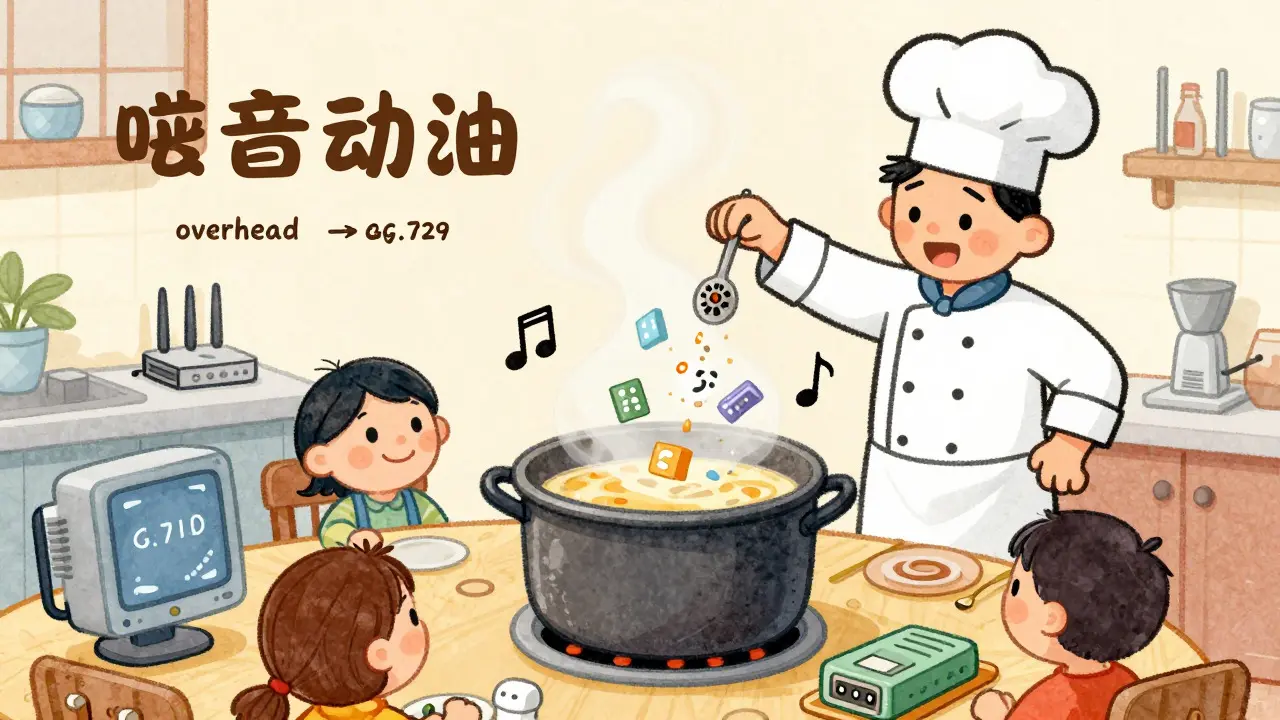 Chef mixing voice data and overhead spices in a whimsical pot