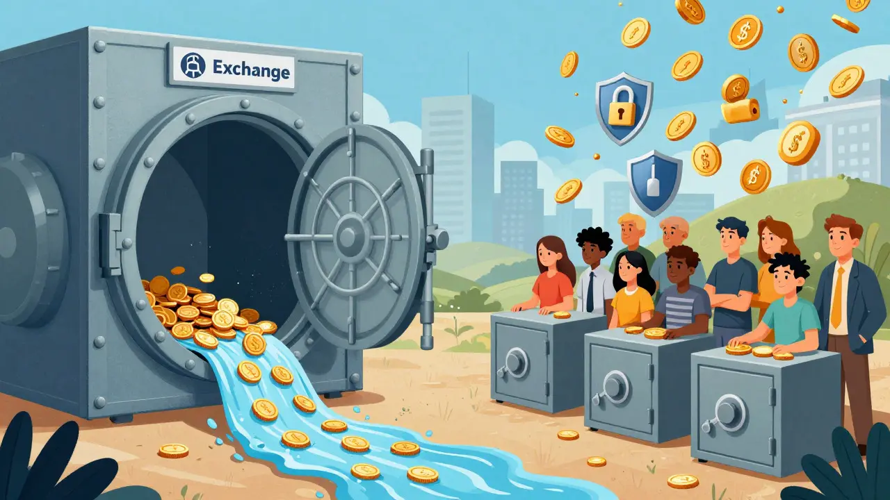Coins moving from an open vault into secure private safe boxes