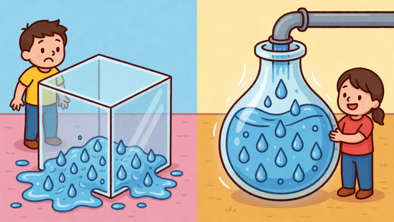 Comparison of rigid vs. flexible containers managing flowing water droplets