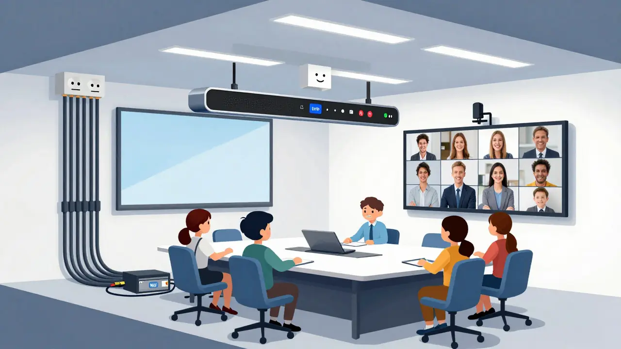 Cutaway illustration of a modern conference room showing integrated VoIP hardware, cameras, and organized cabling.