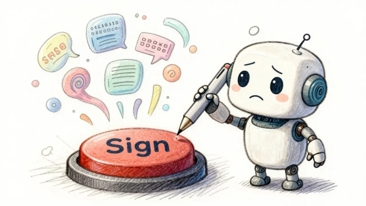Cute robot hesitating to sign a document surrounded by confusing swirling code shapes.