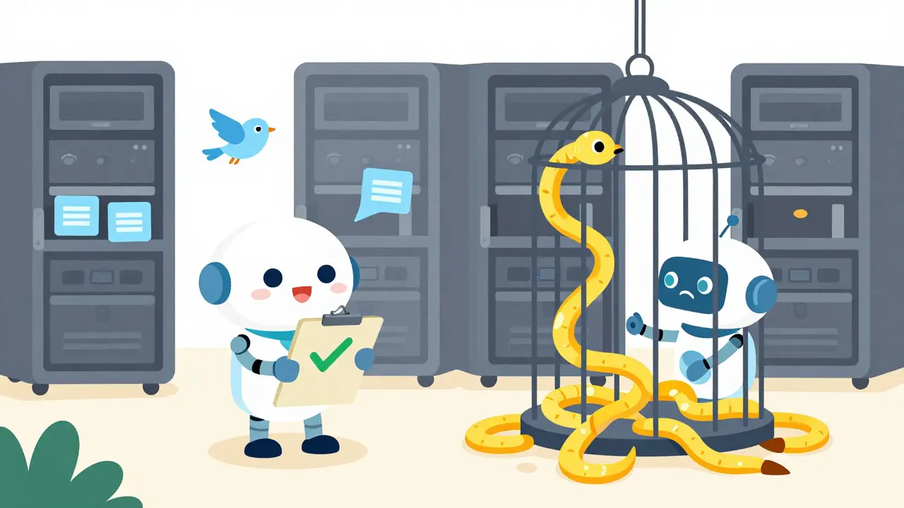 Cute robots organizing separate lanes for voice birds and video snakes
