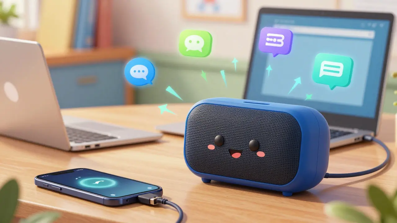 Friendly cartoon speakerphone connecting wirelessly to phone and laptop.