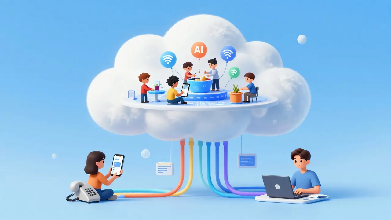 Futuristic cloud hub connecting smartphones, laptops, and desk phones in a cartoon style.