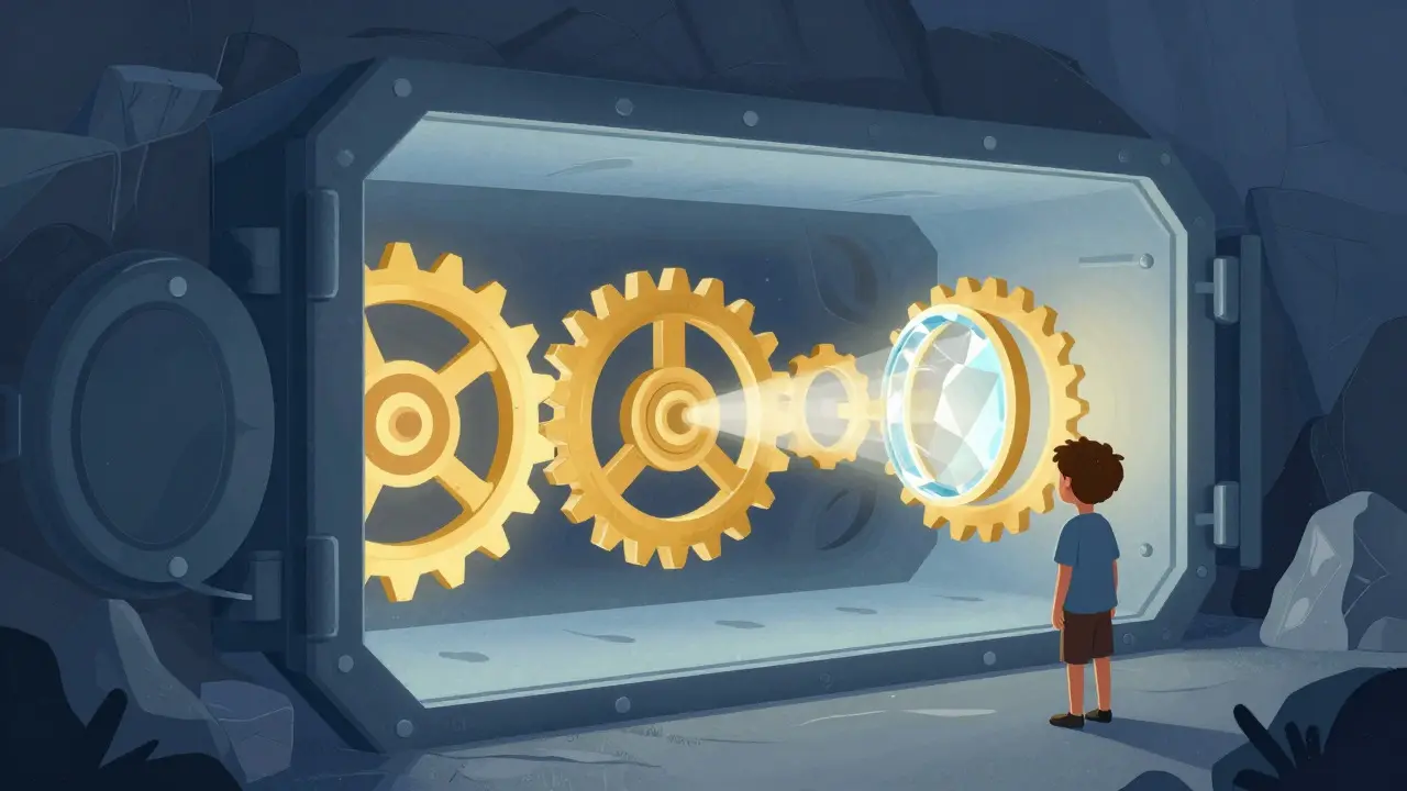 Glowing crystal mechanism in a secure vault verifying data automatically