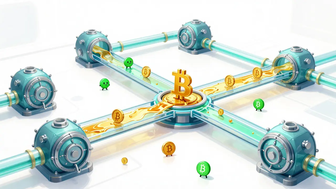 Golden liquidity flowing through a futuristic network of pipes