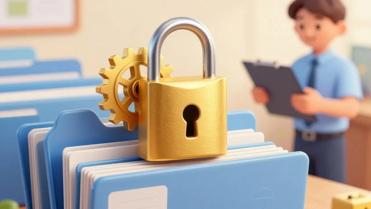 Golden padlock securing encrypted patient file folders in office