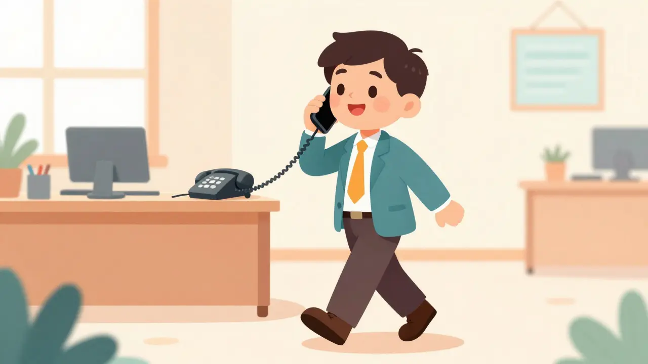Happy cartoon person walking while talking on mobile phone