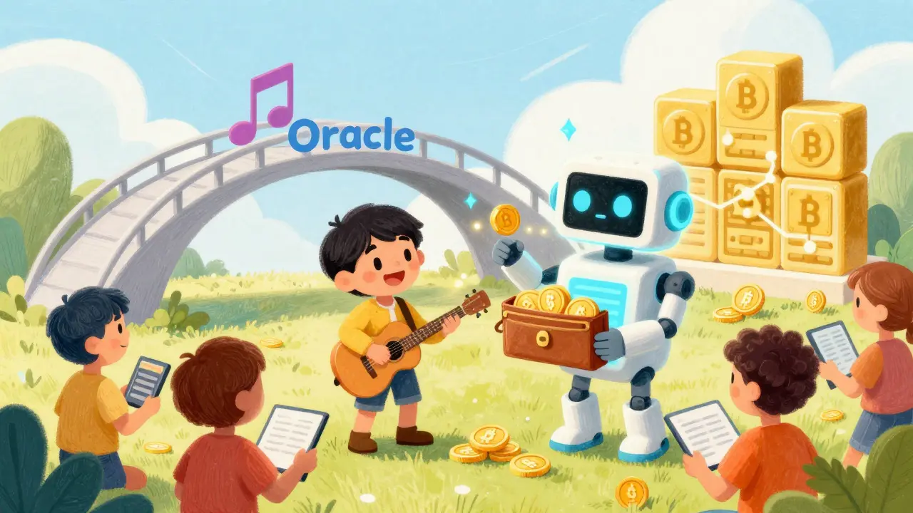 Happy musician and robot accountant distributing instant crypto payments