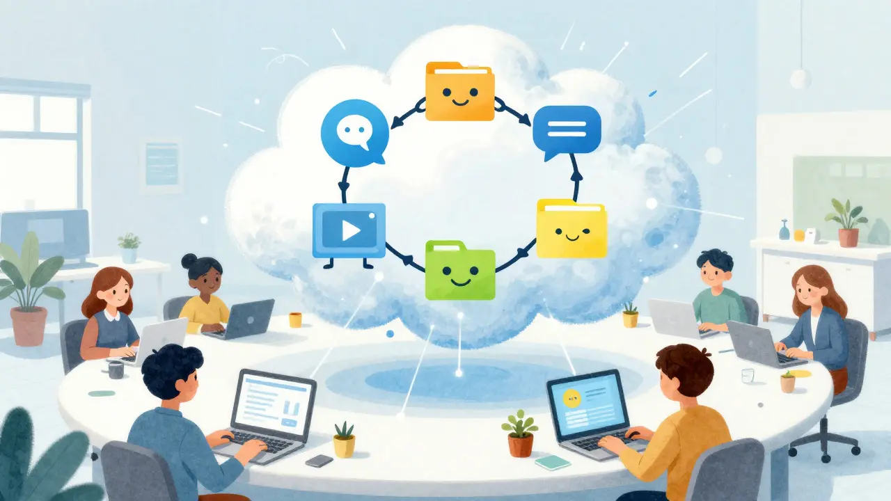 Happy team members connected by a unified cloud platform with integrated tools.