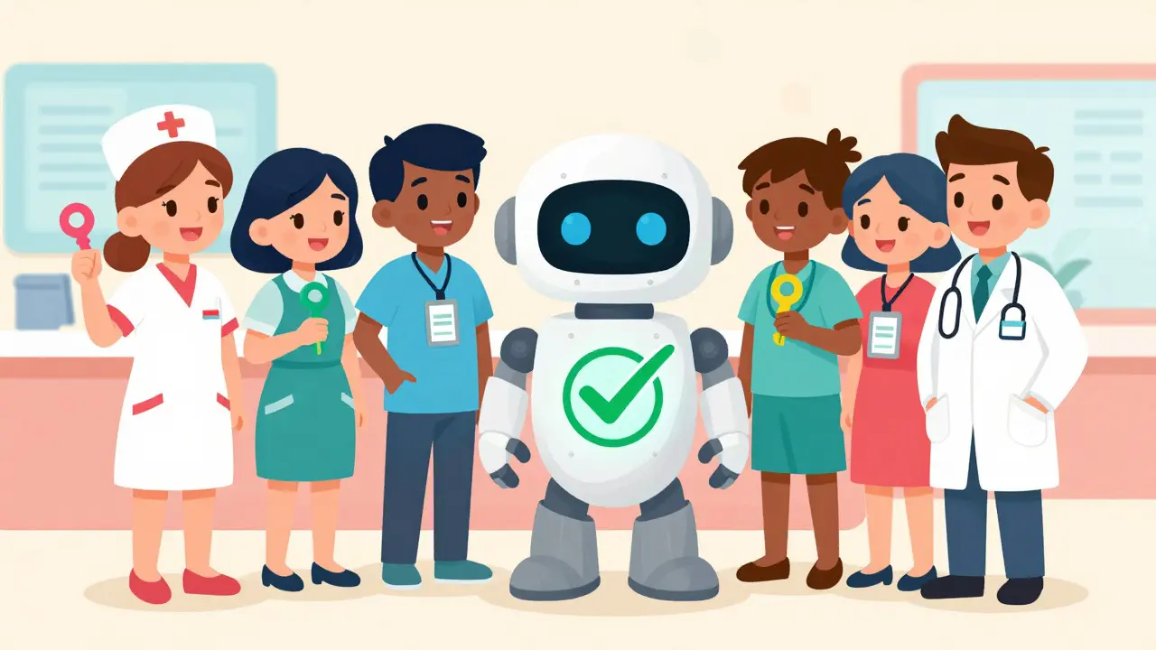 Healthcare team holding unique access keys near approval robot