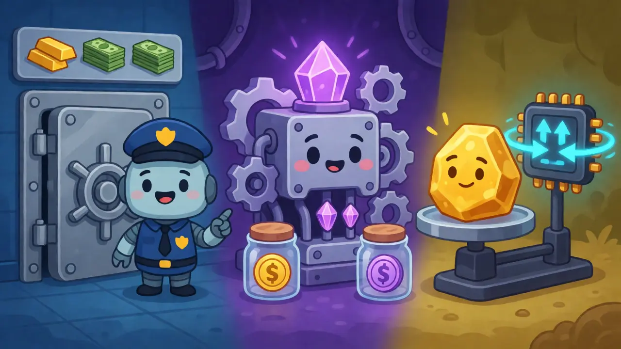 Illustrated diagram showing four types of stablecoin backing: bank vaults, crypto machines, gold, and code.