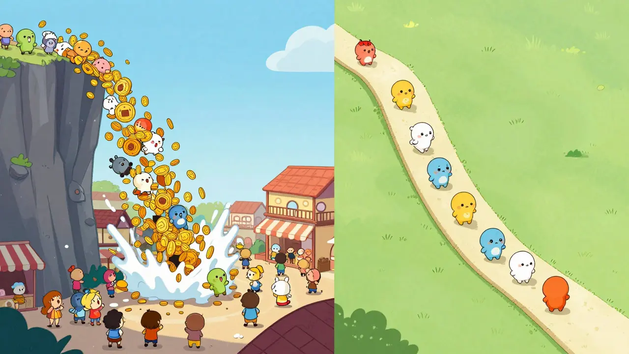 Illustration comparing a chaotic cliff unlock with a calm linear vesting schedule.