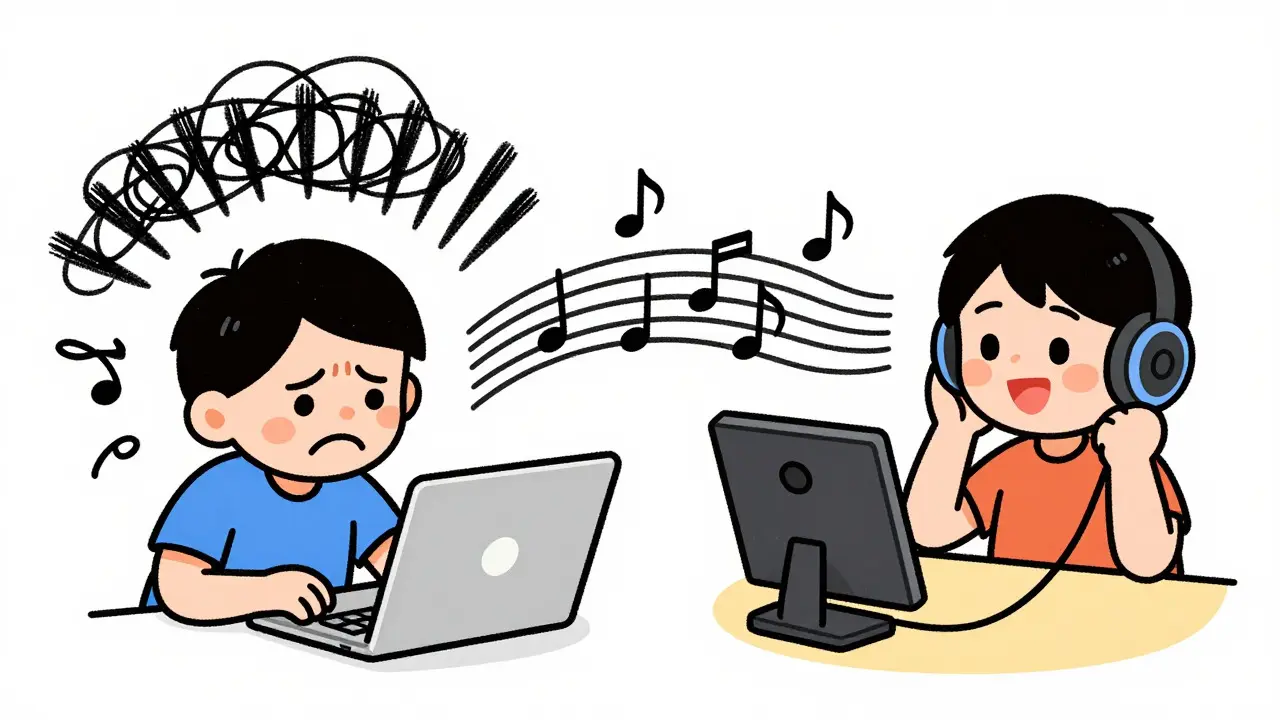 Illustration comparing noisy laptop mic chaos with clear speakerphone audio.