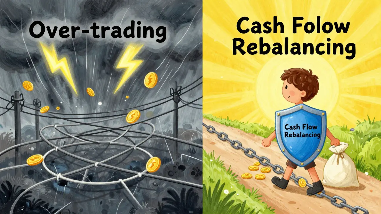 Illustration contrasting chaotic over-trading with safe cash flow rebalancing.
