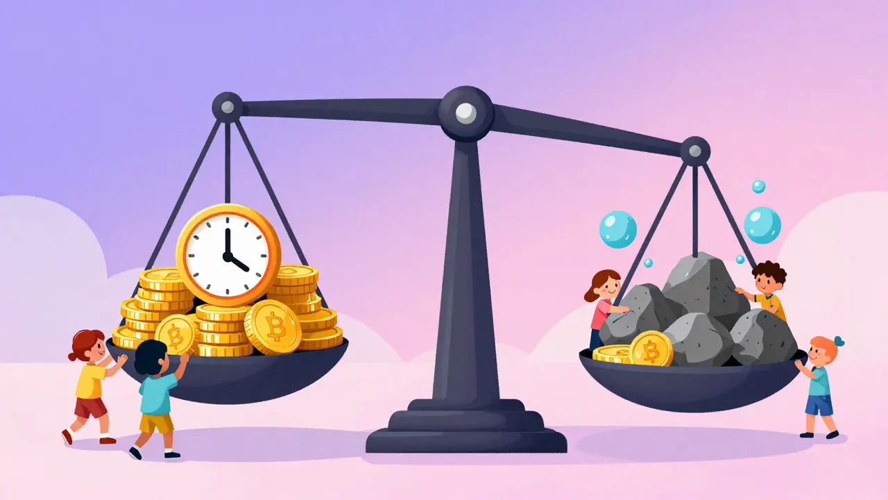Illustration of a balance scale weighing time against stable and volatile assets
