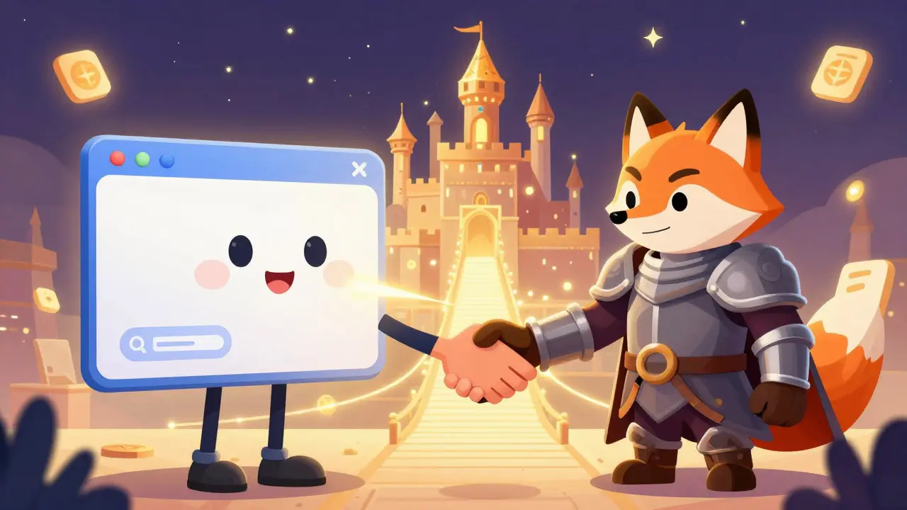 Illustration of a browser connecting securely to a blockchain wallet