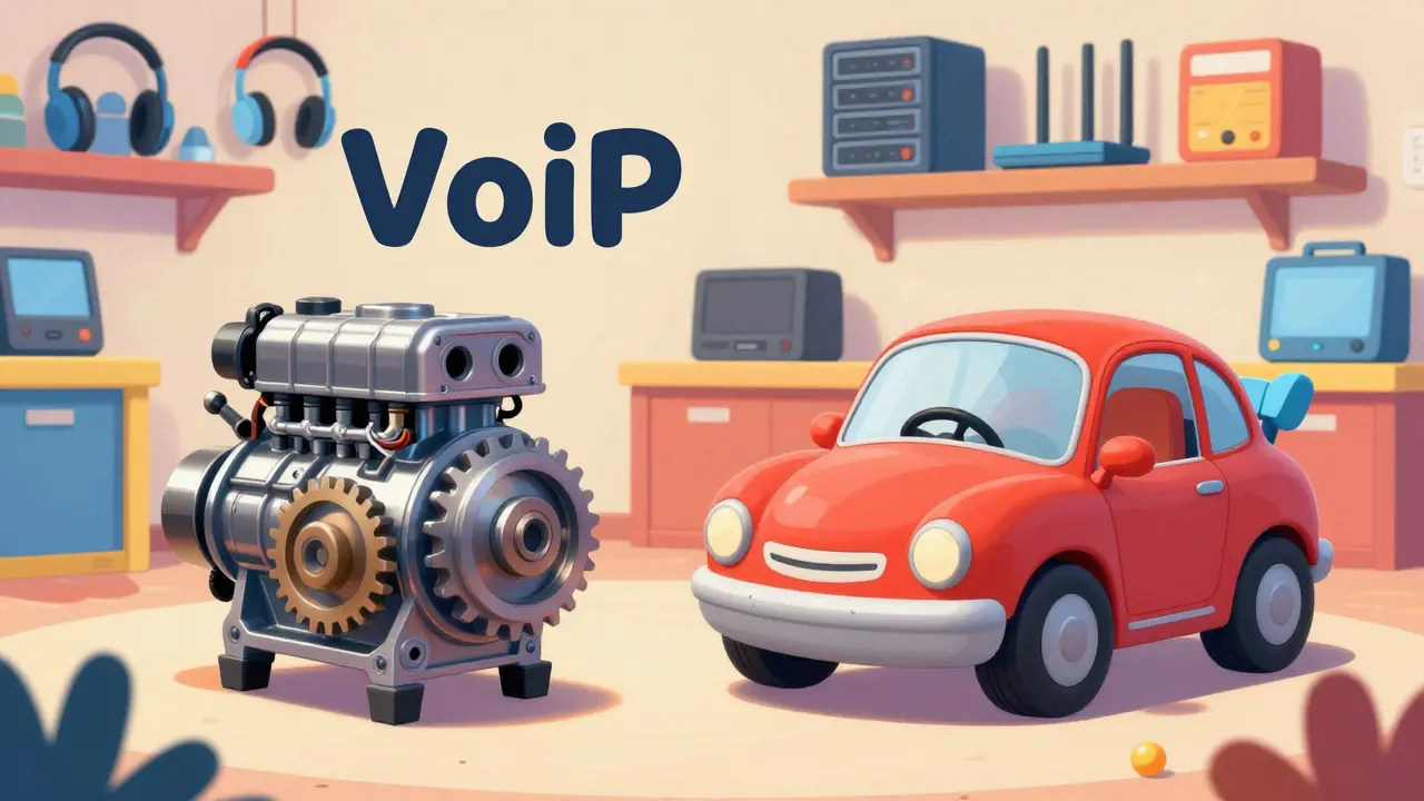 Illustration of a small engine block standing beside a complete, colorful cartoon car.