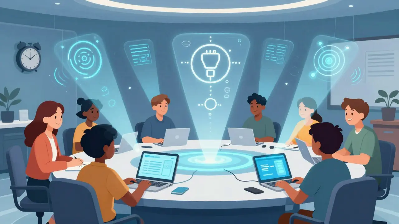 Illustration of a smart conference room with glowing effects representing AI speaker tracking and noise cancellation.