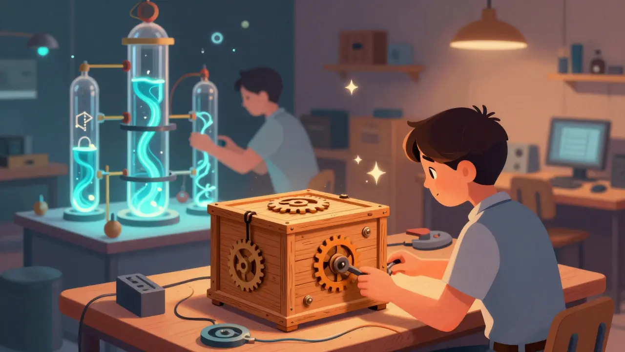 Inventors working on a simple wooden box and a complex glass tower