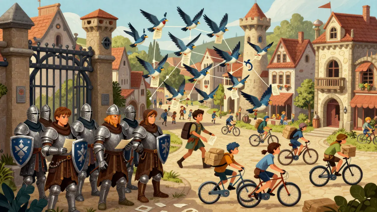 Knights, messenger birds, and couriers managing traffic in a busy bridge town