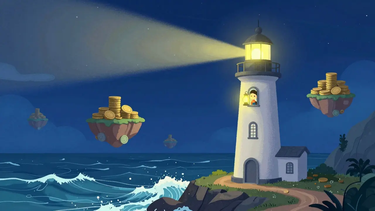 Lighthouse shining a steady light over a turbulent sea with floating coin islands
