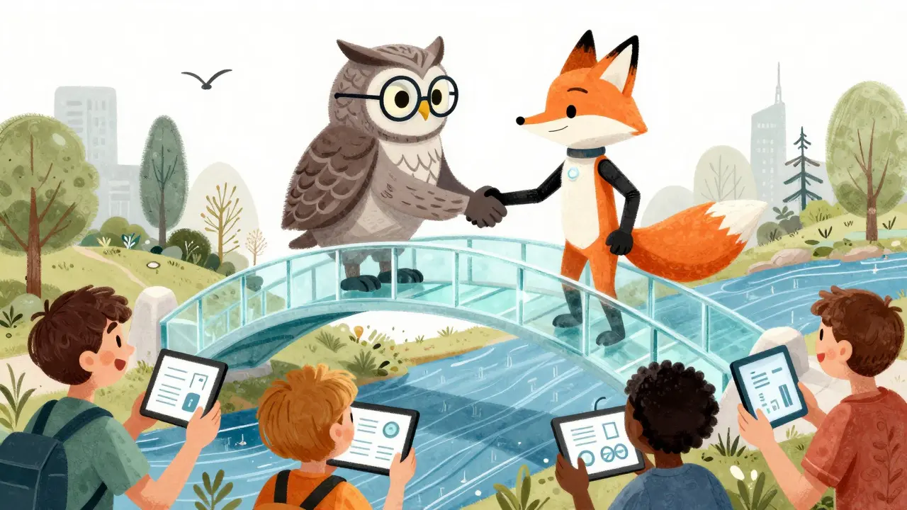 Owl and fox shaking hands building a bridge for hybrid royalty future