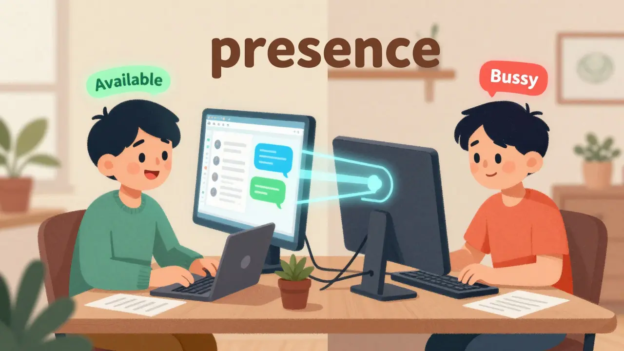 Remote workers linked by a secure digital bridge showing availability status.
