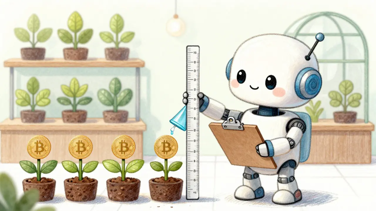 Robot assistant pruning and watering balanced crypto plants in a greenhouse.