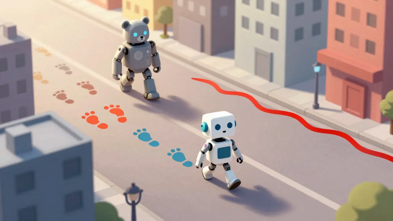 Robot leaving scattered footprints vs bear leaving a straight trail