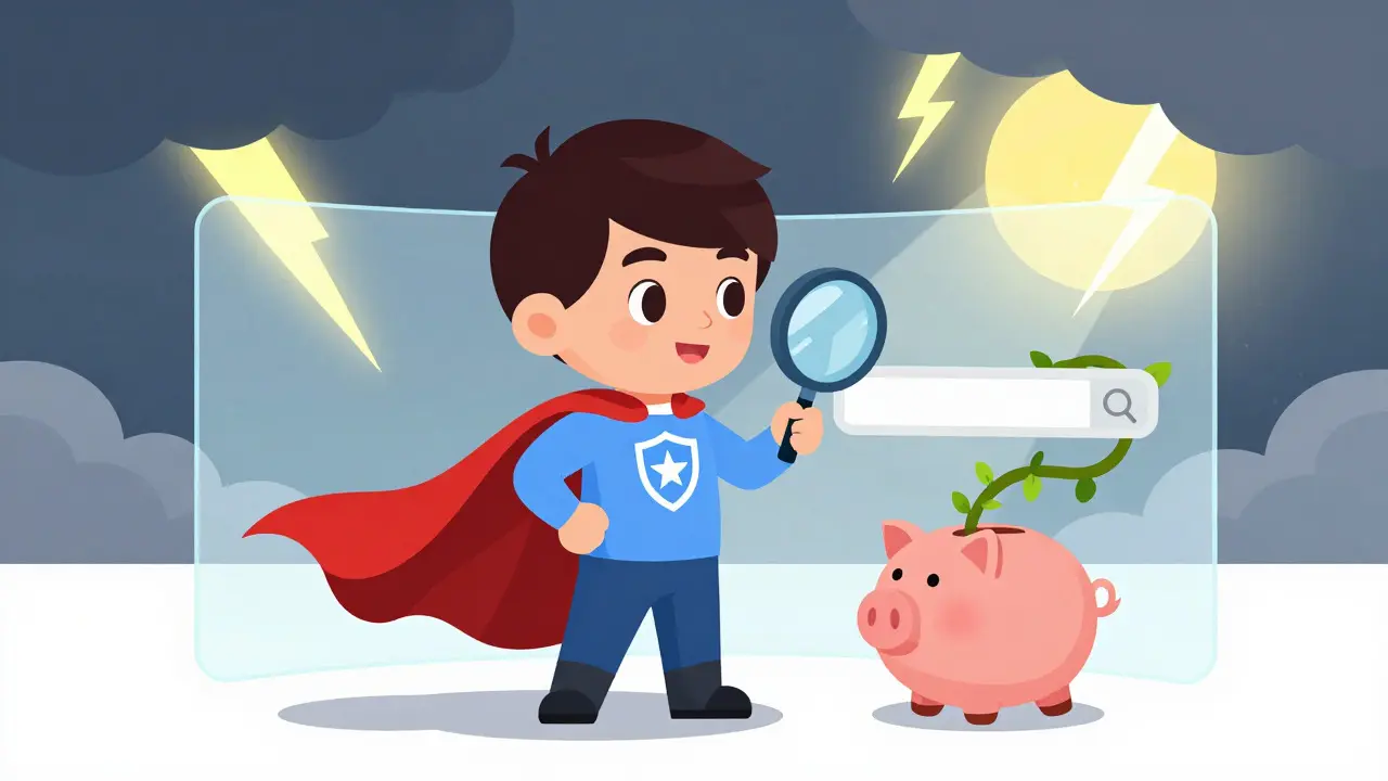 Superhero protecting a piggy bank with a shield against storm clouds and phishing threats.