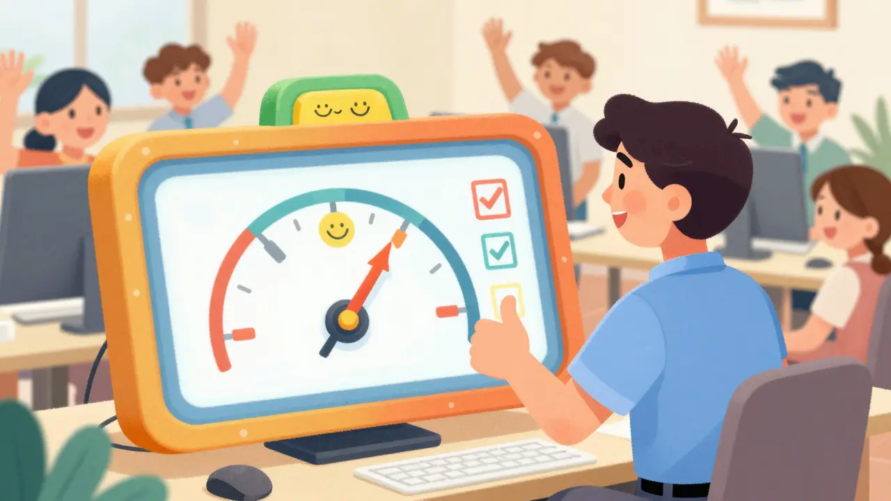 Supervisor monitoring positive performance metrics on a dashboard