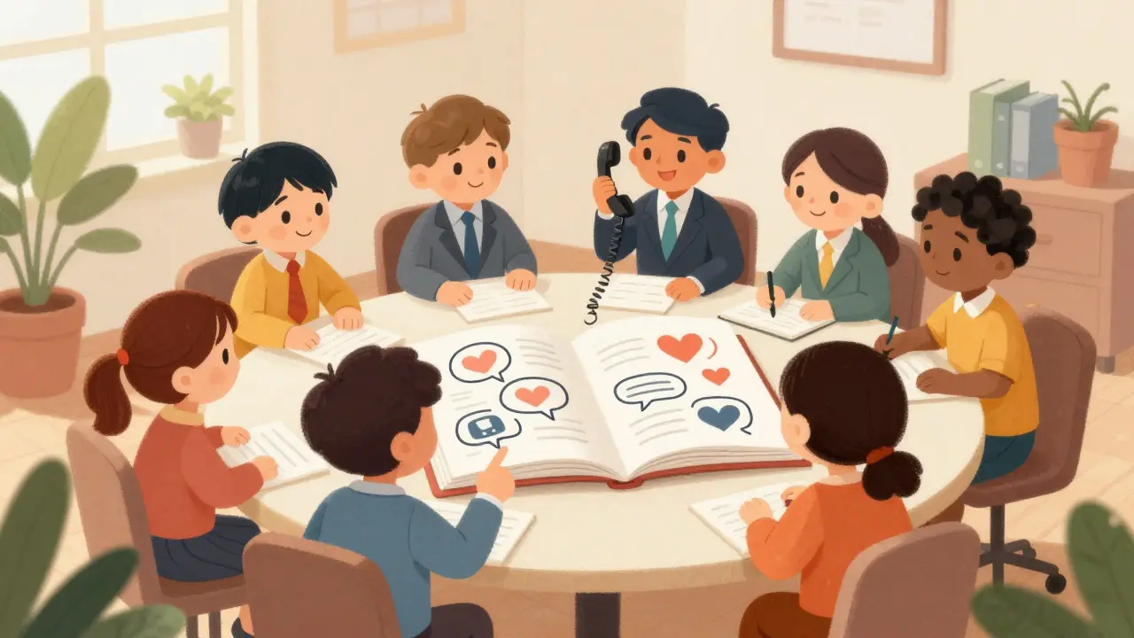 Team discussing feedback around a table with symbolic icons